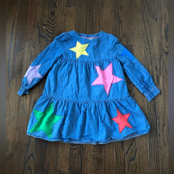 Mini Boden Other - Mini Boden Girls 7-8 Denim Long-Sleeved A-Line Knee-Length Star Applique Dress